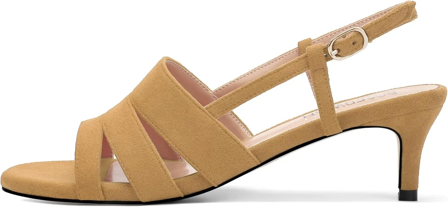 ROSERWISH Women's Strappy Low Kitten Heel Open Square Toe Slingback Suede Heeled Sandals Party Dress Wedding Dance Shoes