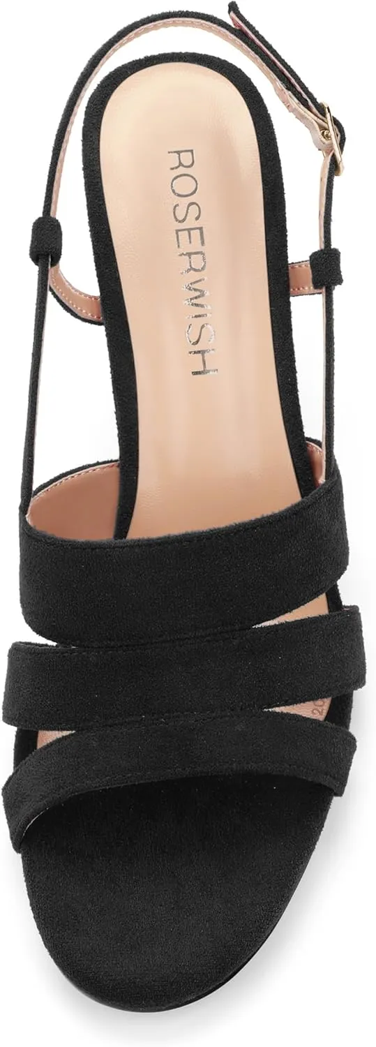 ROSERWISH Women's Strappy Low Kitten Heel Open Square Toe Slingback Suede Heeled Sandals Party Dress Wedding Dance Shoes
