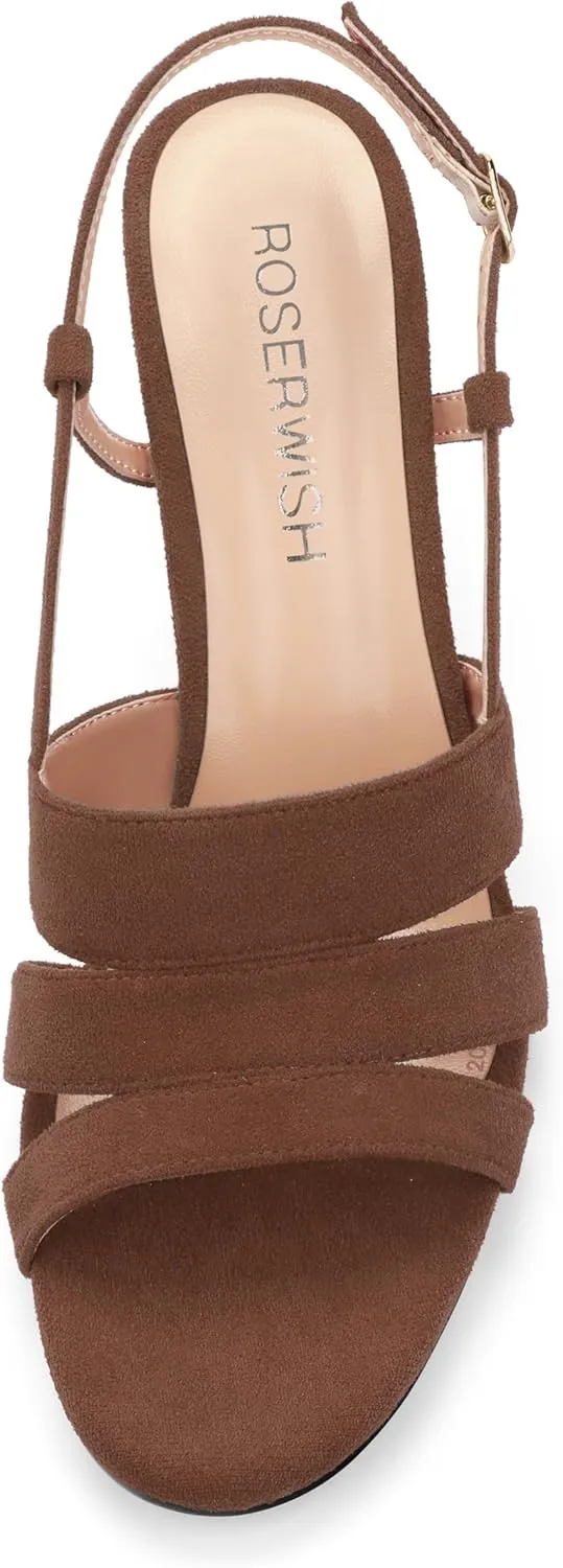 ROSERWISH Women's Strappy Low Kitten Heel Open Square Toe Slingback Suede Heeled Sandals Party Dress Wedding Dance Shoes