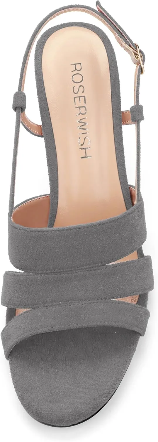 ROSERWISH Women's Strappy Low Kitten Heel Open Square Toe Slingback Suede Heeled Sandals Party Dress Wedding Dance Shoes