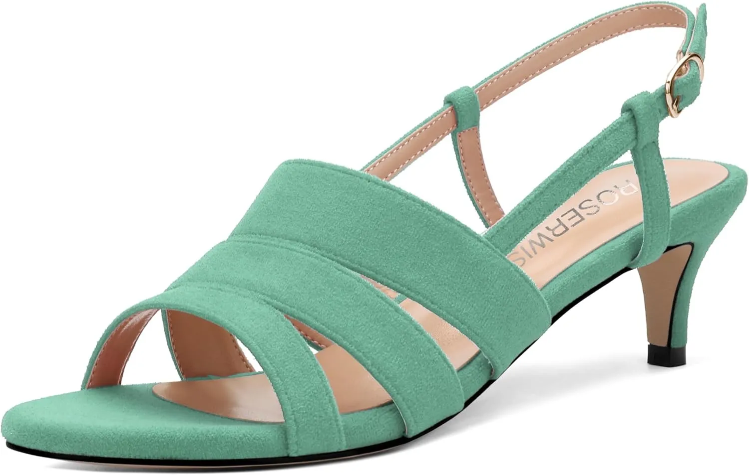 ROSERWISH Women's Strappy Low Kitten Heel Open Square Toe Slingback Suede Heeled Sandals Party Dress Wedding Dance Shoes