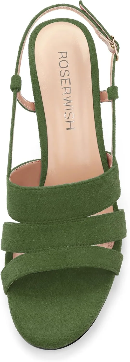 ROSERWISH Women's Strappy Low Kitten Heel Open Square Toe Slingback Suede Heeled Sandals Party Dress Wedding Dance Shoes