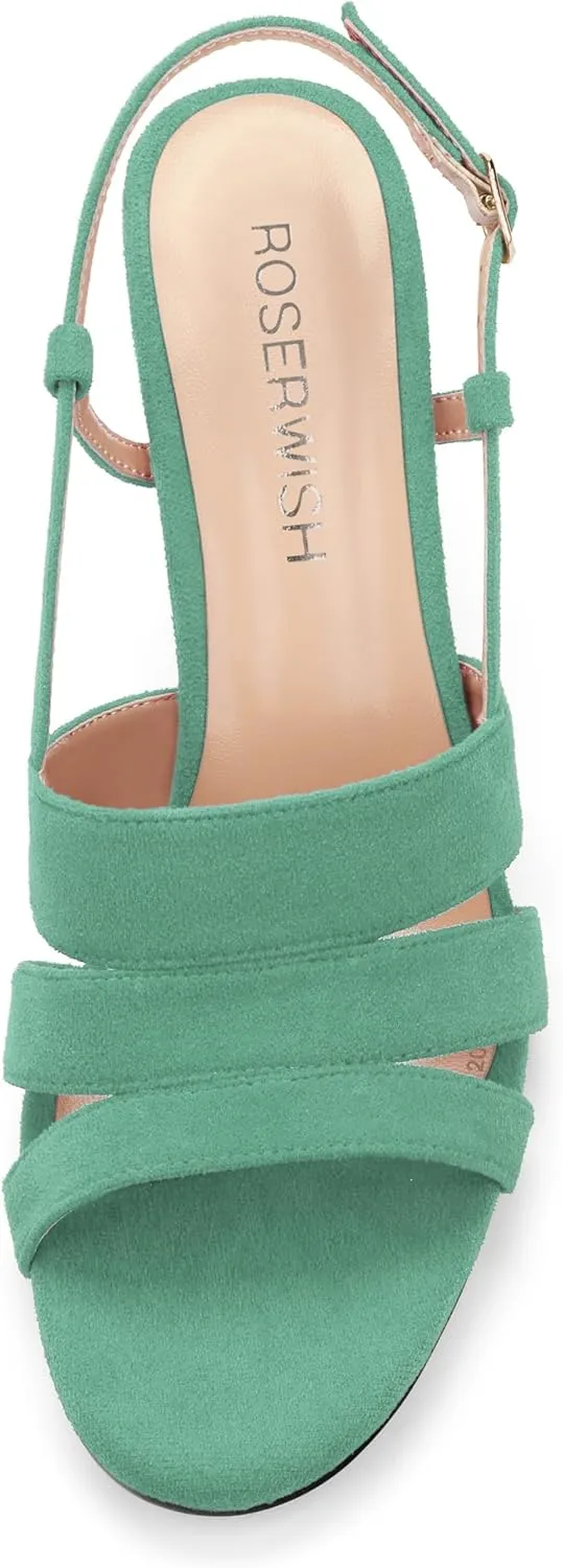ROSERWISH Women's Strappy Low Kitten Heel Open Square Toe Slingback Suede Heeled Sandals Party Dress Wedding Dance Shoes