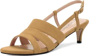 ROSERWISH Women's Strappy Low Kitten Heel Open Square Toe Slingback Suede Heeled Sandals Party Dress Wedding Dance Shoes