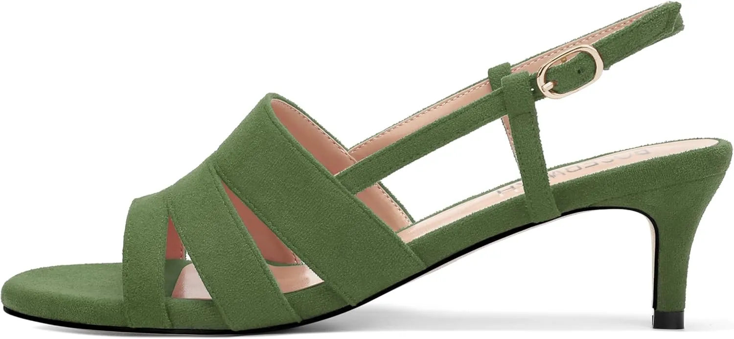 ROSERWISH Women's Strappy Low Kitten Heel Open Square Toe Slingback Suede Heeled Sandals Party Dress Wedding Dance Shoes