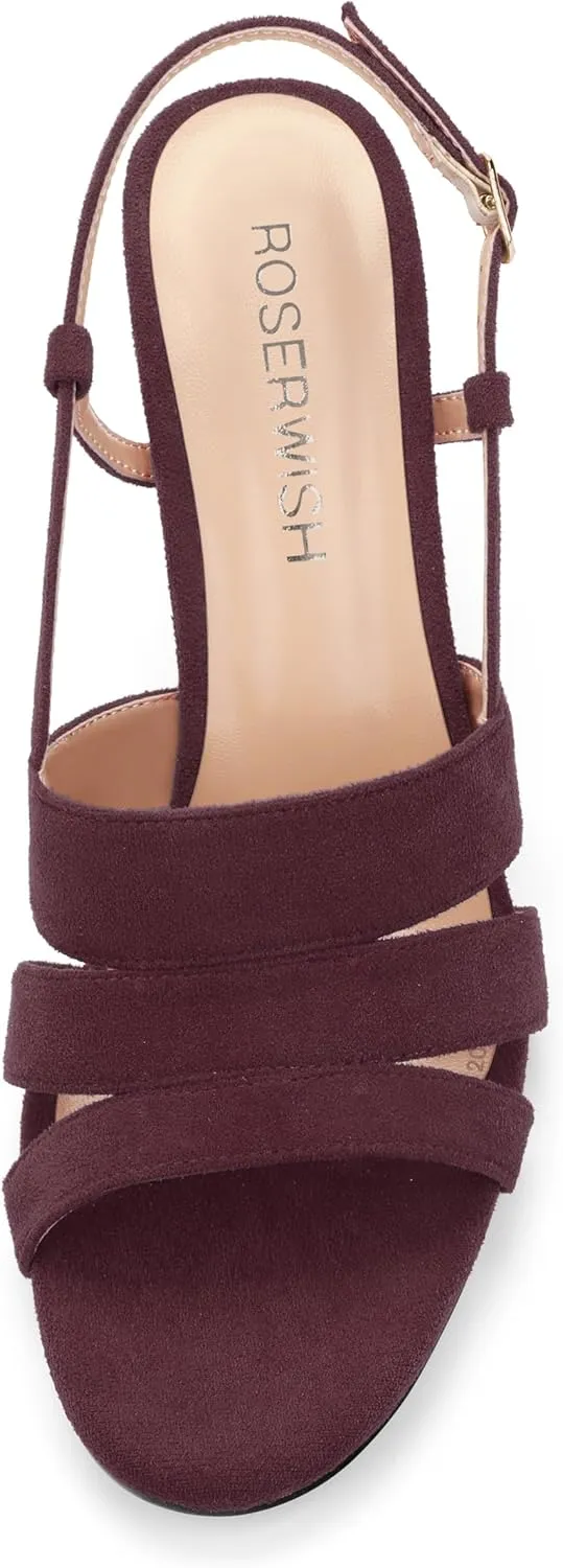 ROSERWISH Women's Strappy Low Kitten Heel Open Square Toe Slingback Suede Heeled Sandals Party Dress Wedding Dance Shoes