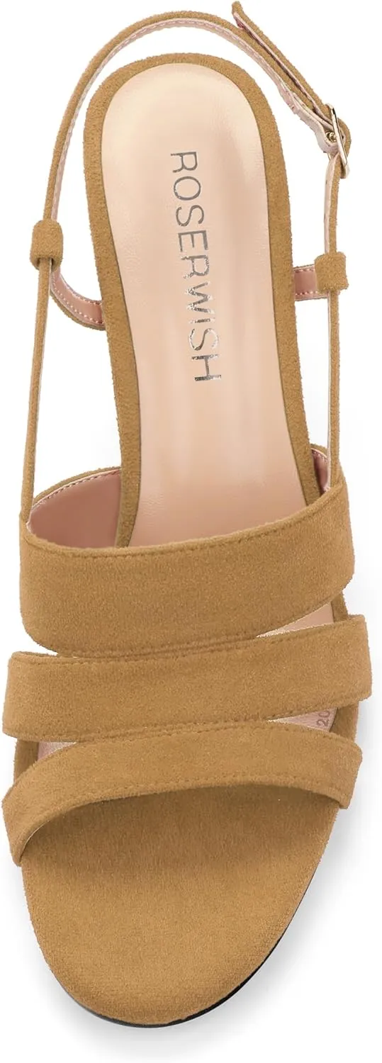 ROSERWISH Women's Strappy Low Kitten Heel Open Square Toe Slingback Suede Heeled Sandals Party Dress Wedding Dance Shoes