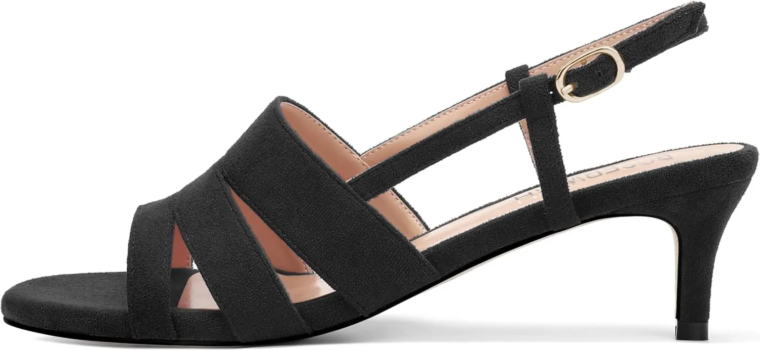 ROSERWISH Women's Strappy Low Kitten Heel Open Square Toe Slingback Suede Heeled Sandals Party Dress Wedding Dance Shoes