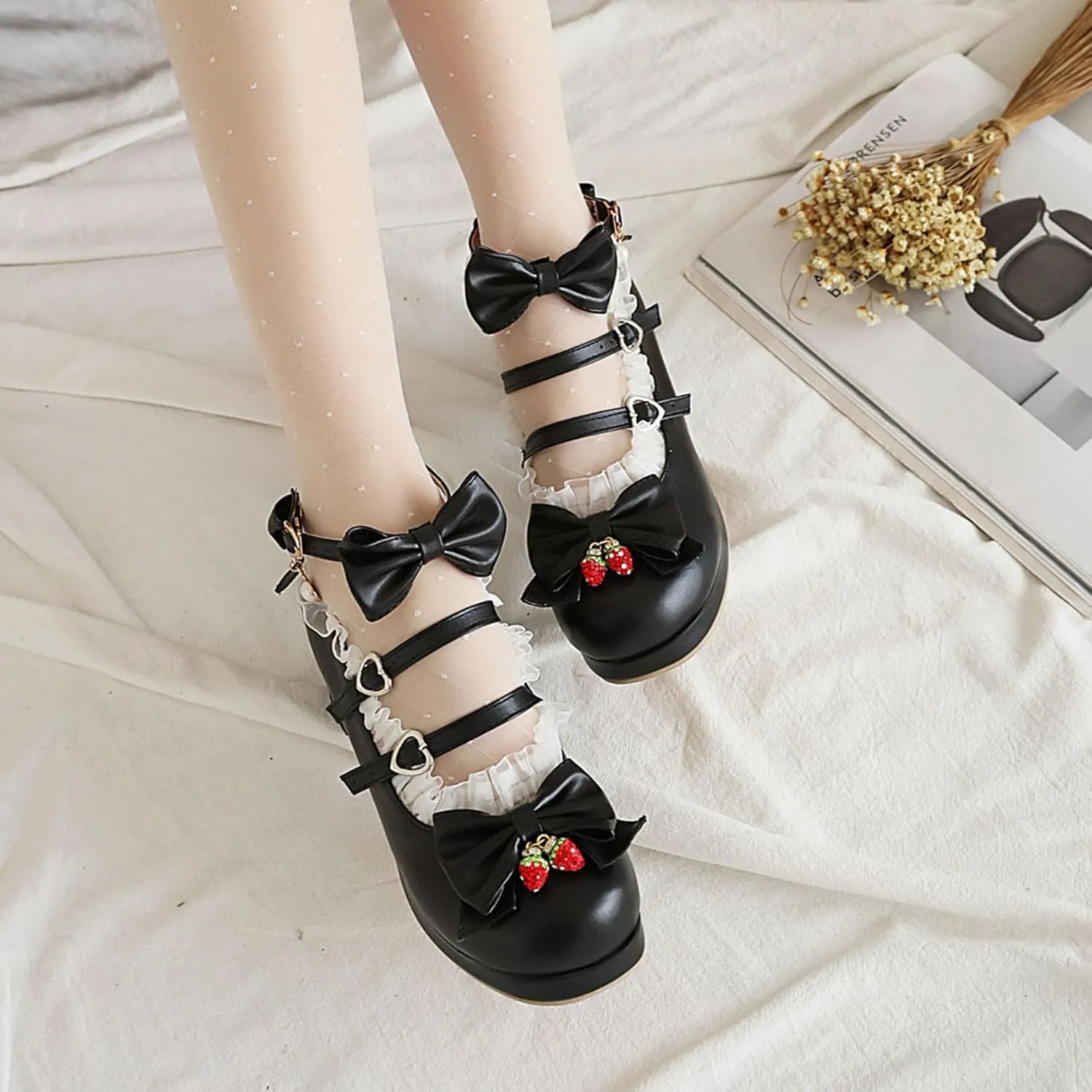SHEMEE Women's Kawaii Sweet Bow Cosplay Dress Shoes Chunky Platform Mid Block Heels Buckle Ankle Strap Mary Jane Pumps