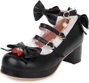 SHEMEE Women's Kawaii Sweet Bow Cosplay Dress Shoes Chunky Platform Mid Block Heels Buckle Ankle Strap Mary Jane Pumps