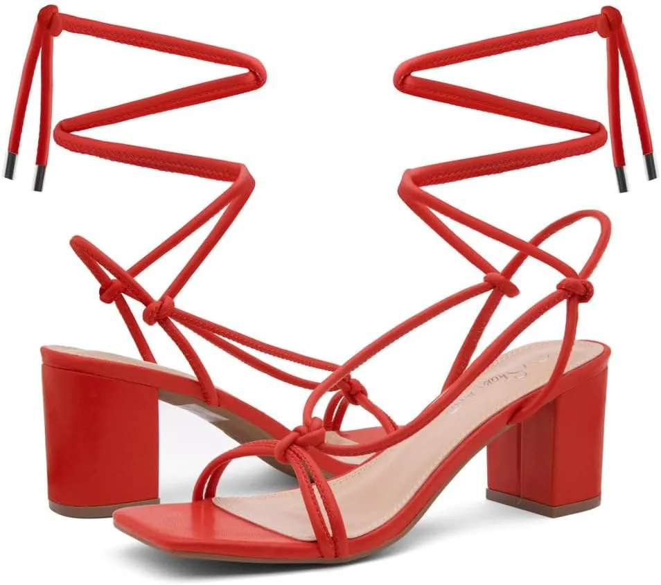 Shoe Land SL-Sweets Women's Lace-Up Chunky Low Heels, Strappy Ankle Wrap Tie-Up Block Short Heels  Semi-Casual Heeled Sandals for Prom Wedding and Party