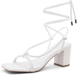 Shoe Land SL-Sweets Women's Lace-Up Chunky Low Heels, Strappy Ankle Wrap Tie-Up Block Short Heels  Semi-Casual Heeled Sandals for Prom Wedding and Party