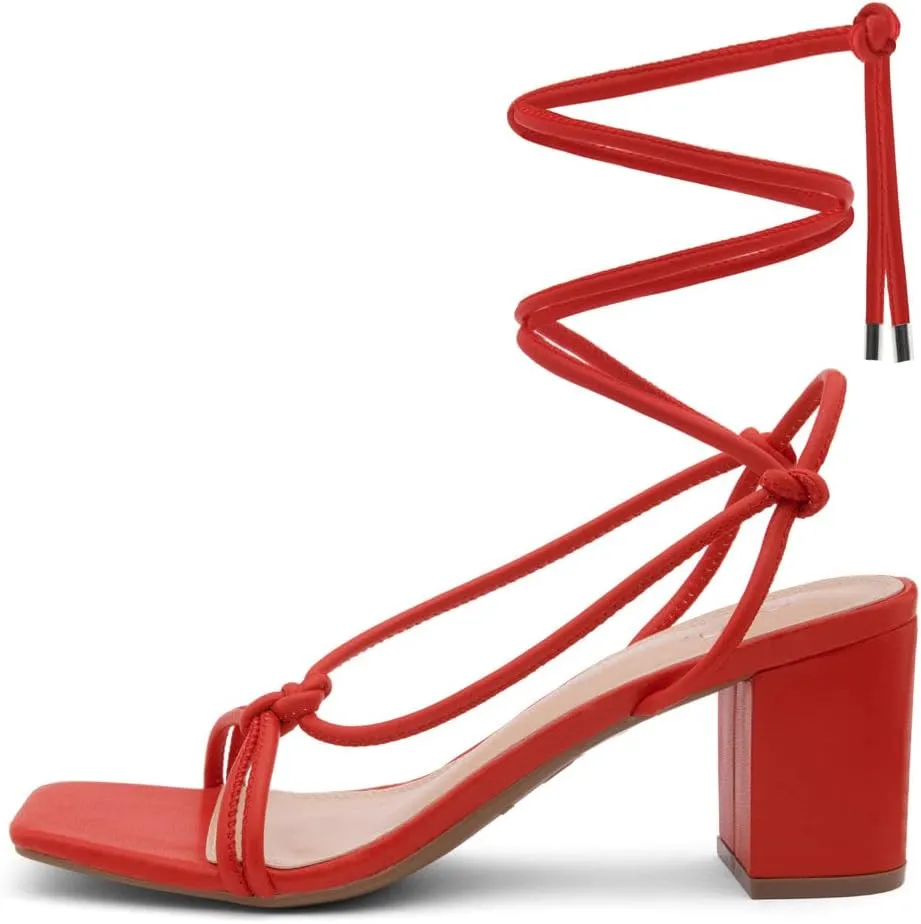 Shoe Land SL-Sweets Women's Lace-Up Chunky Low Heels, Strappy Ankle Wrap Tie-Up Block Short Heels  Semi-Casual Heeled Sandals for Prom Wedding and Party