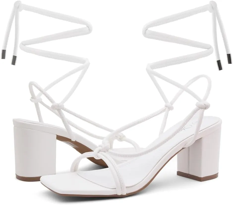 Shoe Land SL-Sweets Women's Lace-Up Chunky Low Heels, Strappy Ankle Wrap Tie-Up Block Short Heels  Semi-Casual Heeled Sandals for Prom Wedding and Party