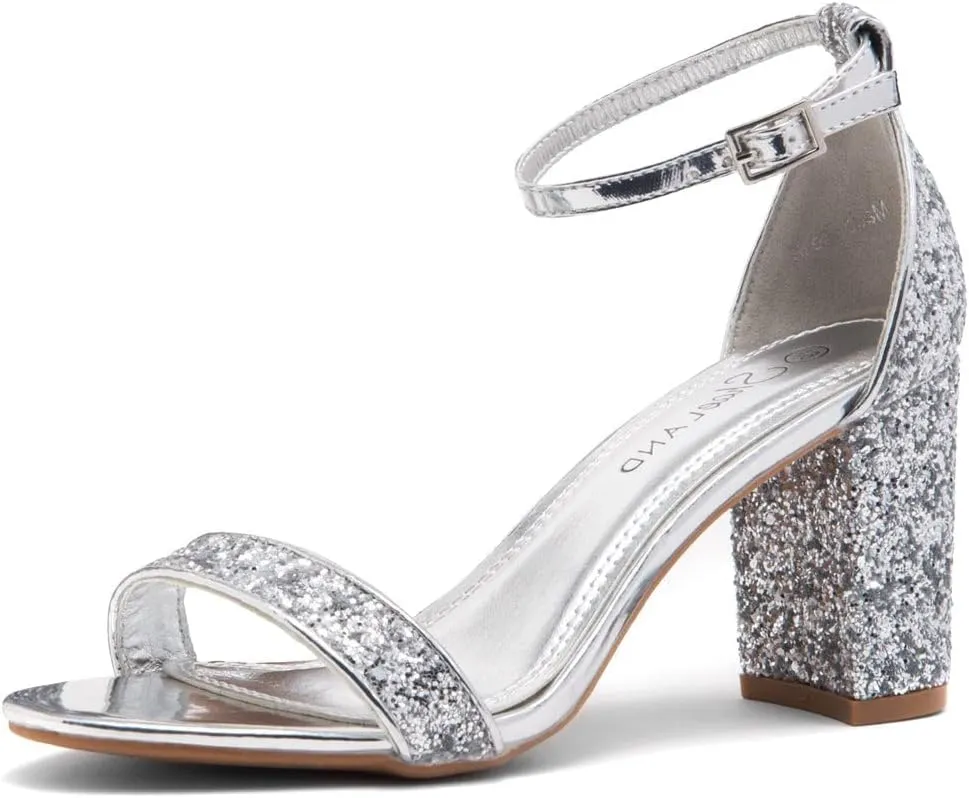 Shoe Land Women's Low Heels - 3-Inch Chunky Block Heeled Sandals with Ankle Strap | Open Toe Short Heels | Comfy Dressy Strappy Sandals for Wedding, Prom, Office
