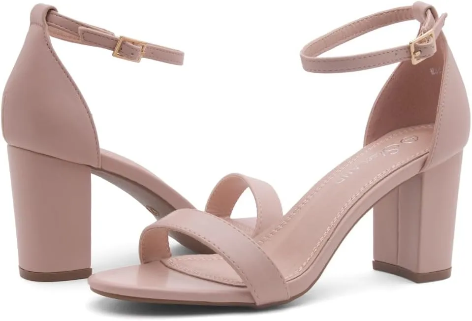 Shoe Land Women's Low Heels - 3-Inch Chunky Block Heeled Sandals with Ankle Strap | Open Toe Short Heels | Comfy Dressy Strappy Sandals for Wedding, Prom, Office