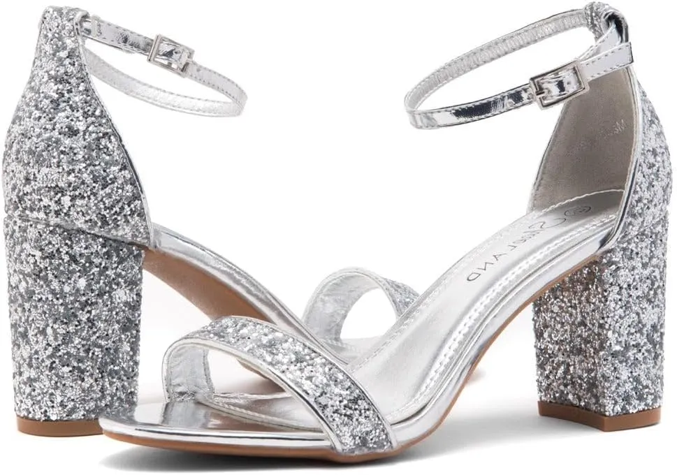 Shoe Land Women's Low Heels - 3-Inch Chunky Block Heeled Sandals with Ankle Strap | Open Toe Short Heels | Comfy Dressy Strappy Sandals for Wedding, Prom, Office