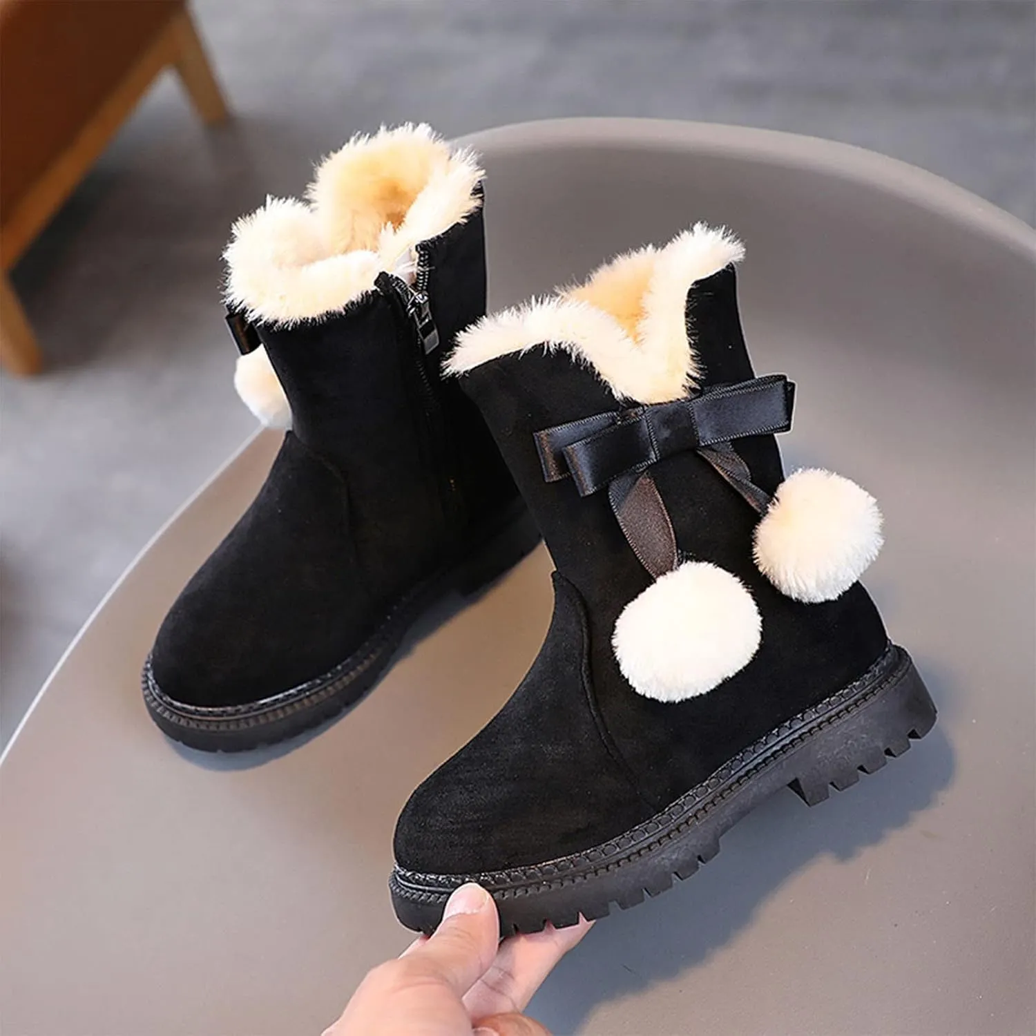 Snow Boots for Kids Girls Fur Lined Warm Shoe Lace up Work Boots Shoes Combat Booties Slip on Ankle Flats