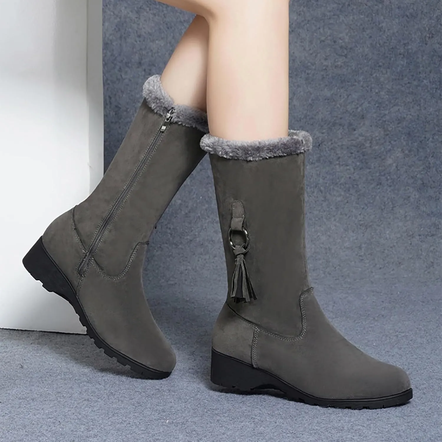 Snow Boots for Women Fashion Mid Calf Snow Boots Low Wedge Heel Winter Booties Faux Fur Cuff Warm Outdoor Shoes