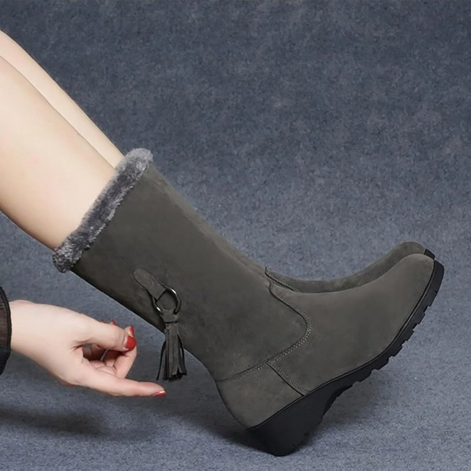 Snow Boots for Women Fashion Mid Calf Snow Boots Low Wedge Heel Winter Booties Faux Fur Cuff Warm Outdoor Shoes