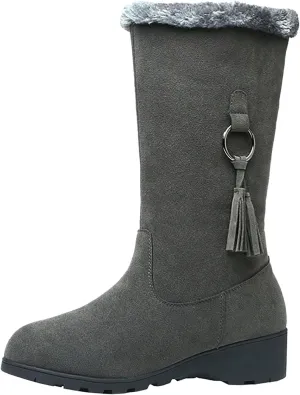 Snow Boots for Women Fashion Mid Calf Snow Boots Low Wedge Heel Winter Booties Faux Fur Cuff Warm Outdoor Shoes