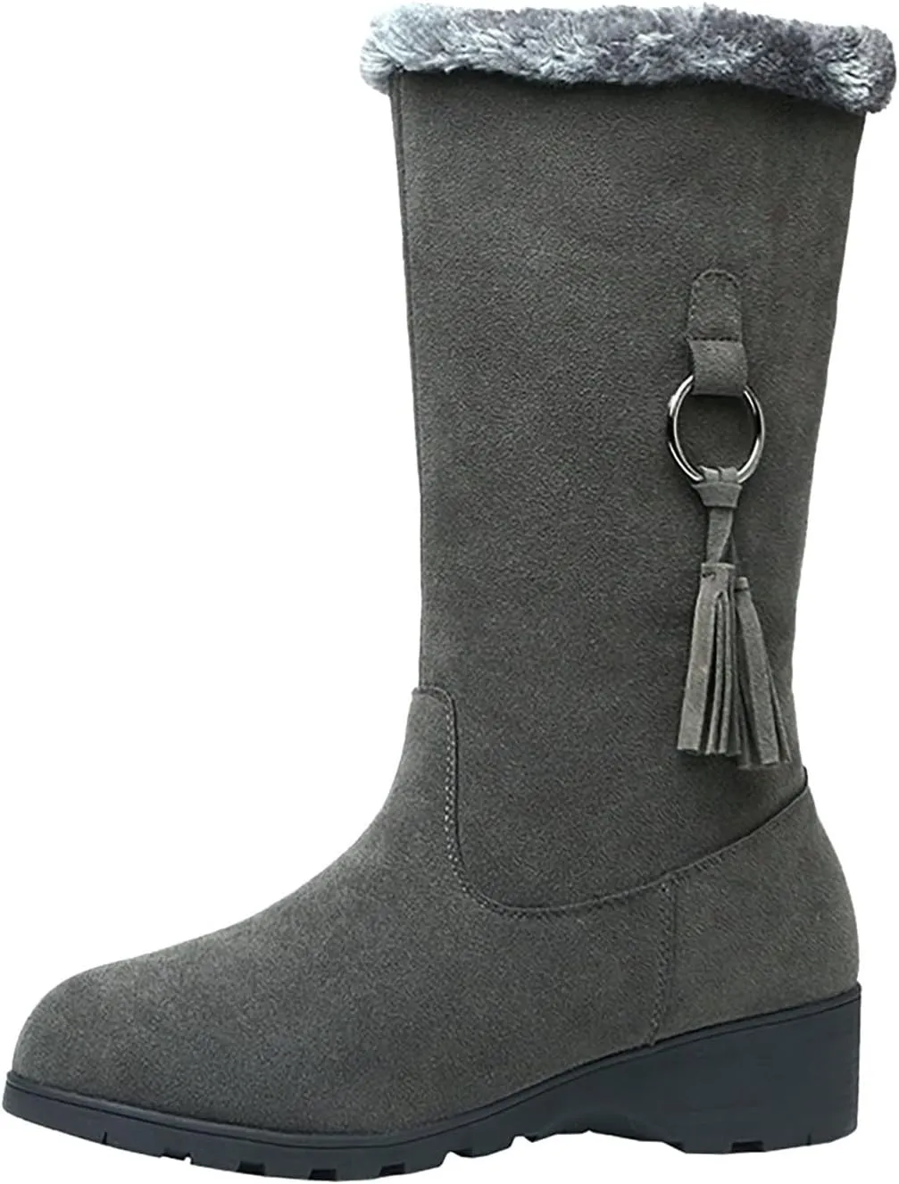 Snow Boots for Women Fashion Mid Calf Snow Boots Low Wedge Heel Winter Booties Faux Fur Cuff Warm Outdoor Shoes