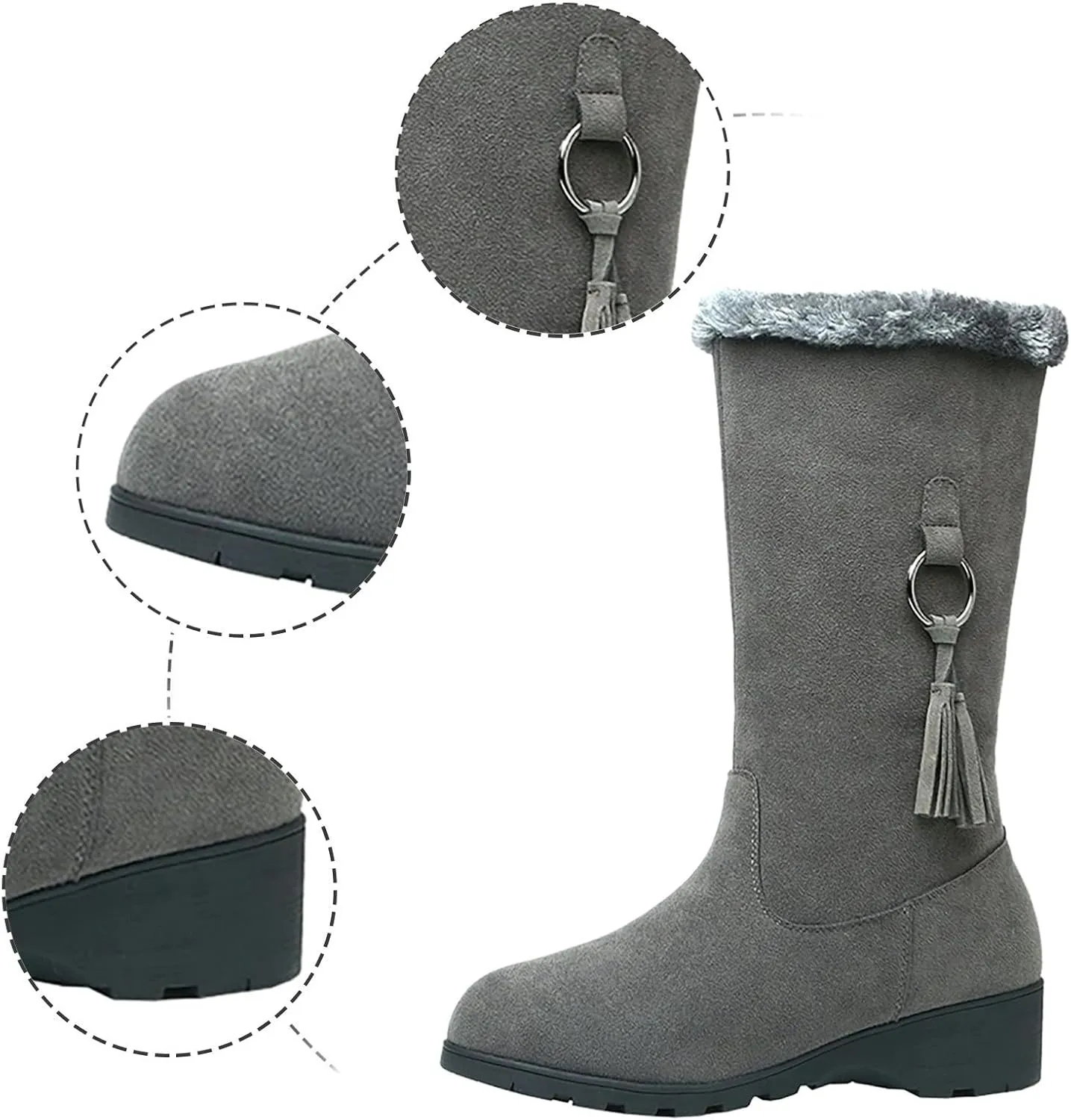 Snow Boots for Women Fashion Mid Calf Snow Boots Low Wedge Heel Winter Booties Faux Fur Cuff Warm Outdoor Shoes