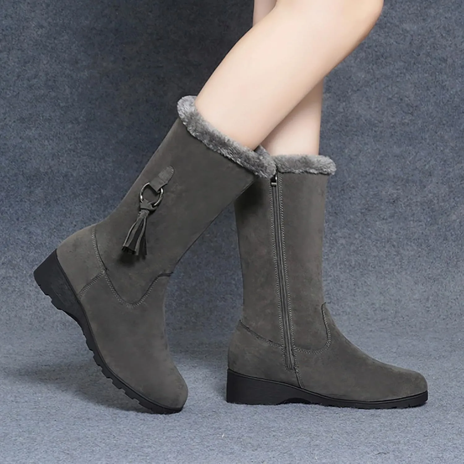 Snow Boots for Women Fashion Mid Calf Snow Boots Low Wedge Heel Winter Booties Faux Fur Cuff Warm Outdoor Shoes