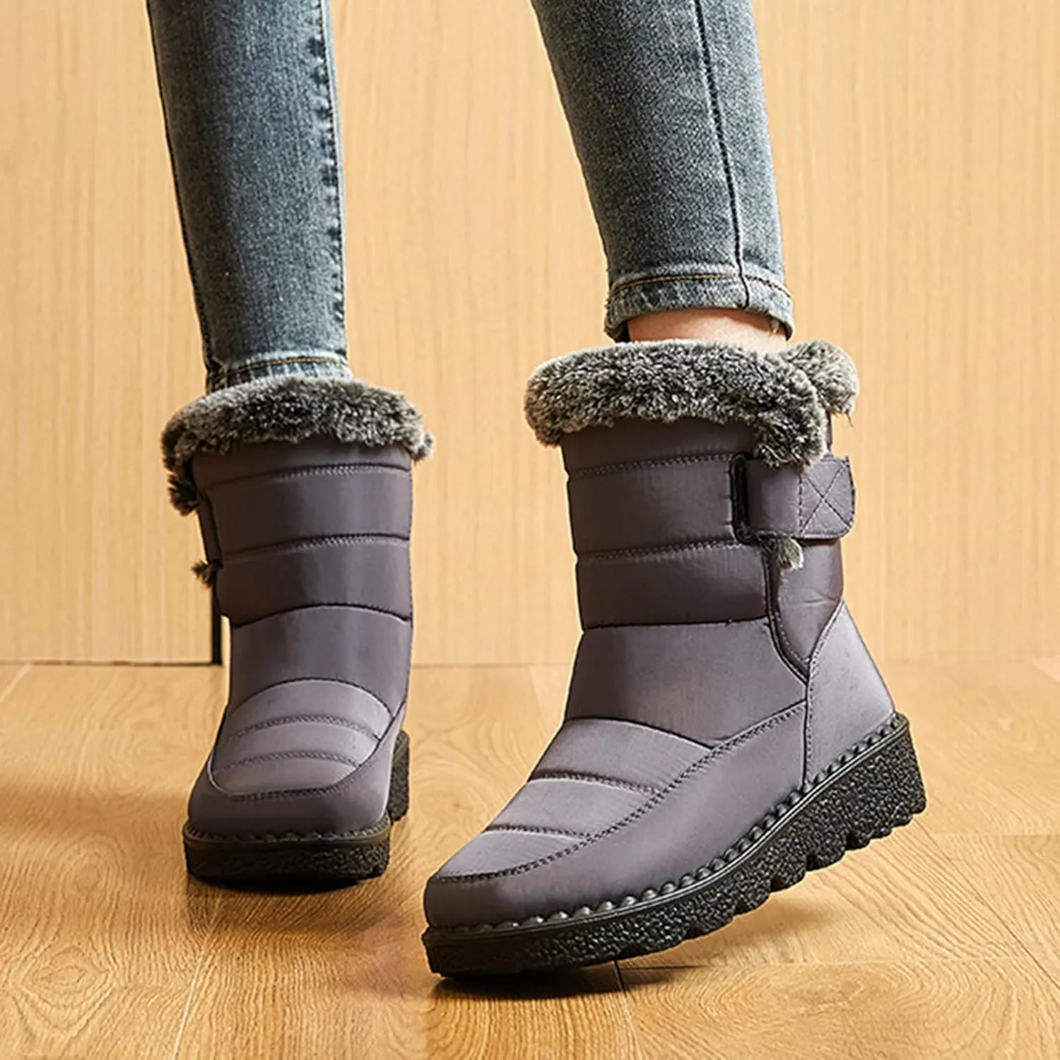 Snow Boots for Women Platform Boots Round Toe Waterproof Fabric Flat Heel Warm Winter Sticky Paste Mid Calf Snow Boot