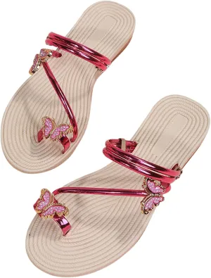 Strappy Sandals for Women Dressy Summer Flat Rhinestone Butterfly Straps Slip on Slipper Comfy Toe Ring Clip Toe Flip Flops Ladies Cute Beach Shoes