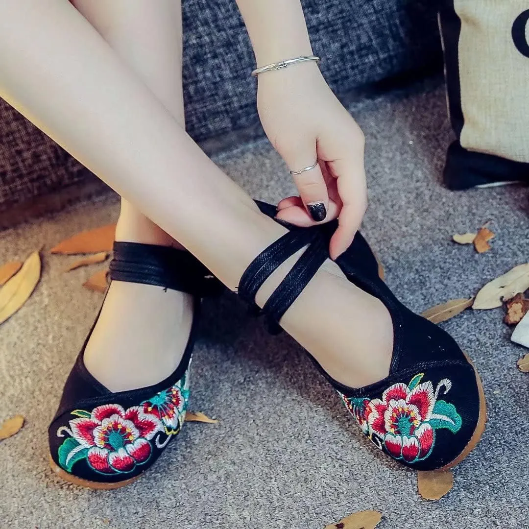 Stunner Women's Floral Flats Vintage Embroidered Shoes Low Heel Mary Jane Shoes Casual Ballet Flats