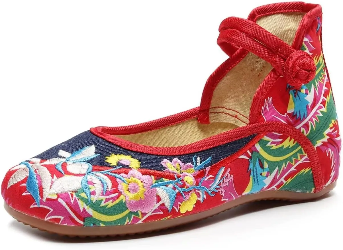 Stunner Women's Floral Flats Vintage Embroidered Shoes Low Heel Mary Jane Shoes Casual Ballet Flats