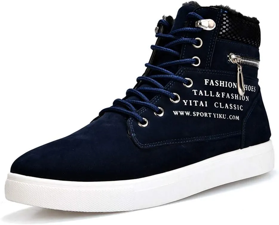 tazimall Men's High Top Suede Sneakers Casual Skate Shoes Lace Up Fur Lined Warm Shoes