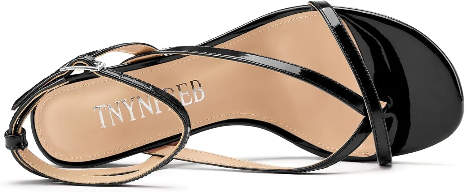 TNYNFBEB Womens Mid Heel Open Toe Strappy Sandals Ankle Strap Buckle Prom Party Dress Patent Leather Summer 2.6 Inches Heels