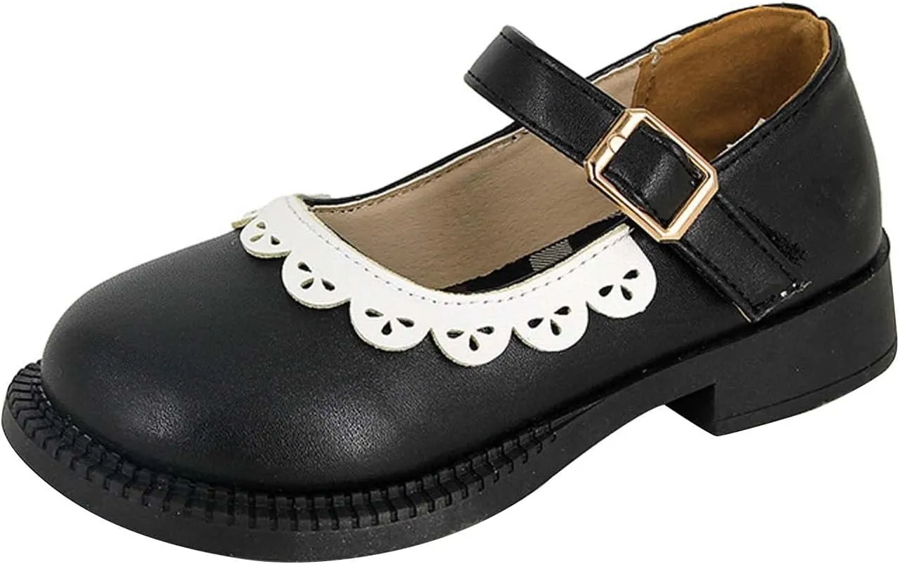 Toddler Little Girl's Ruffles Ankle Strap Mary Jane Flat𝘀, Vintage Cute Round Toe Leather 𝗨niform School Shoes