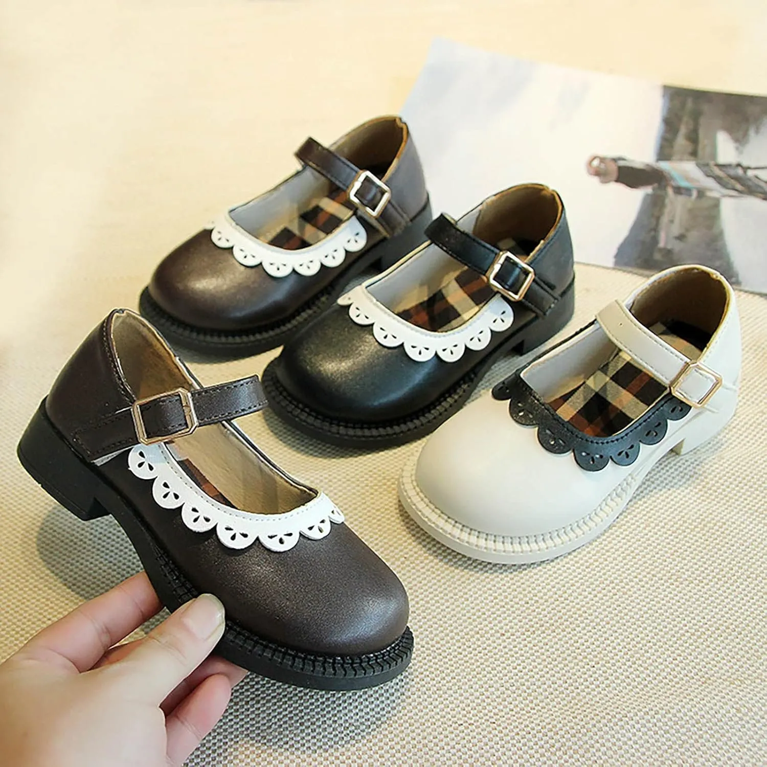 Toddler Little Girl's Ruffles Ankle Strap Mary Jane Flat𝘀, Vintage Cute Round Toe Leather 𝗨niform School Shoes