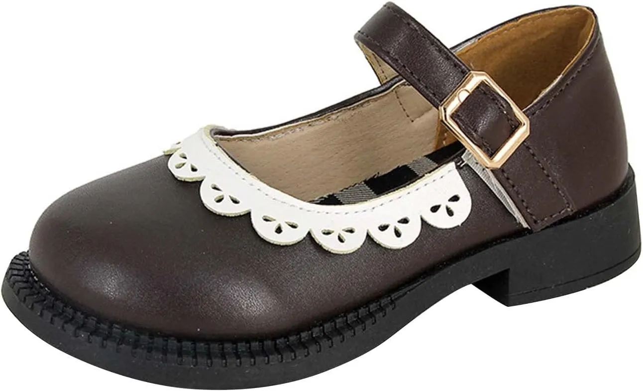 Toddler Little Girl's Ruffles Ankle Strap Mary Jane Flat𝘀, Vintage Cute Round Toe Leather 𝗨niform School Shoes