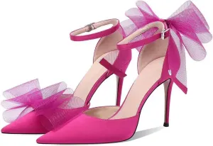 Touslecos Satin Closed Toe Heels for Women Satin Pumps with Bow Pointed Toe Ankle Strap Dress Wedding Satin Heels