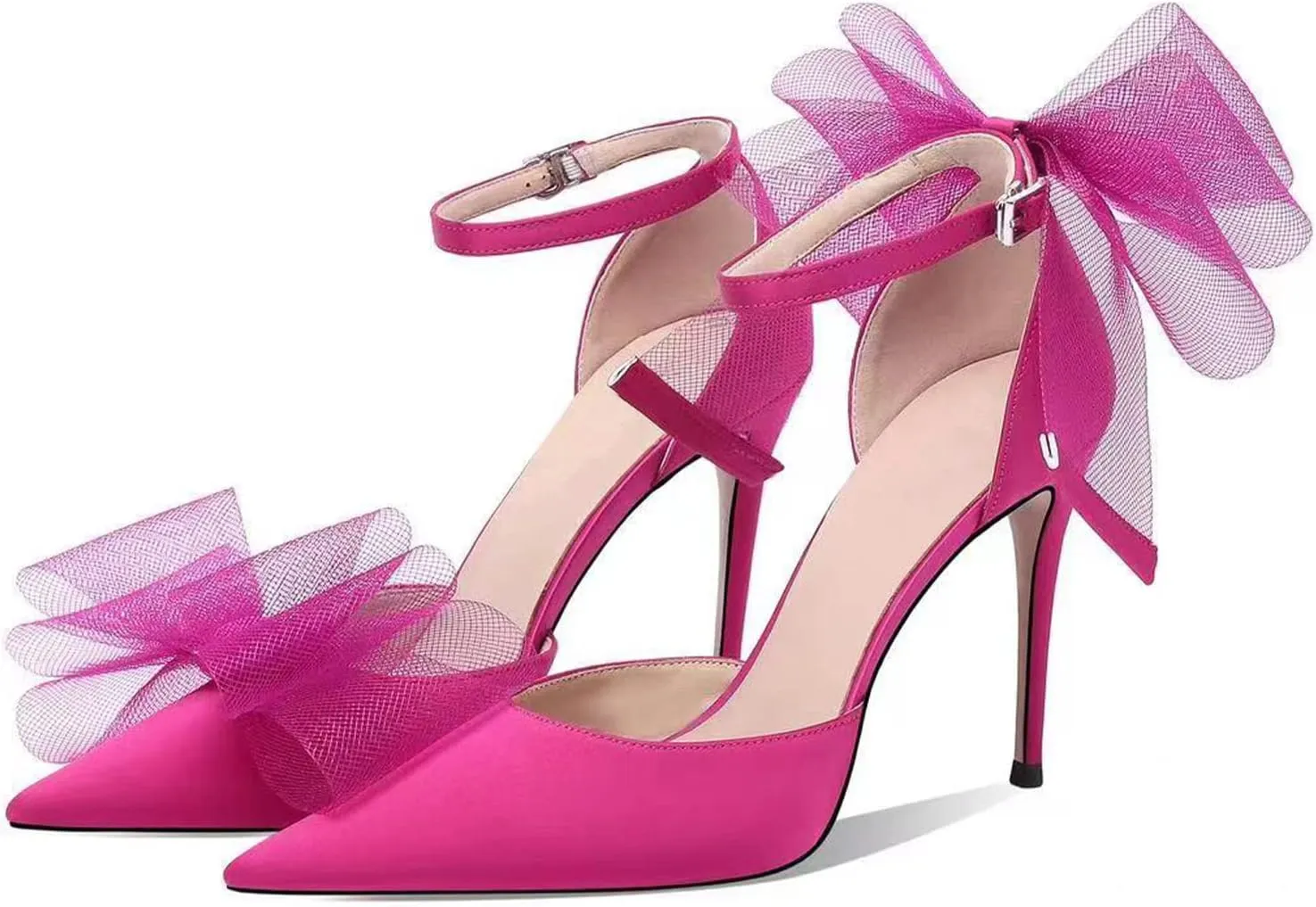 Touslecos Satin Closed Toe Heels for Women Satin Pumps with Bow Pointed Toe Ankle Strap Dress Wedding Satin Heels