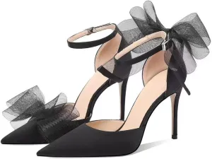 Touslecos Satin Closed Toe Heels for Women Satin Pumps with Bow Pointed Toe Ankle Strap Dress Wedding Satin Heels