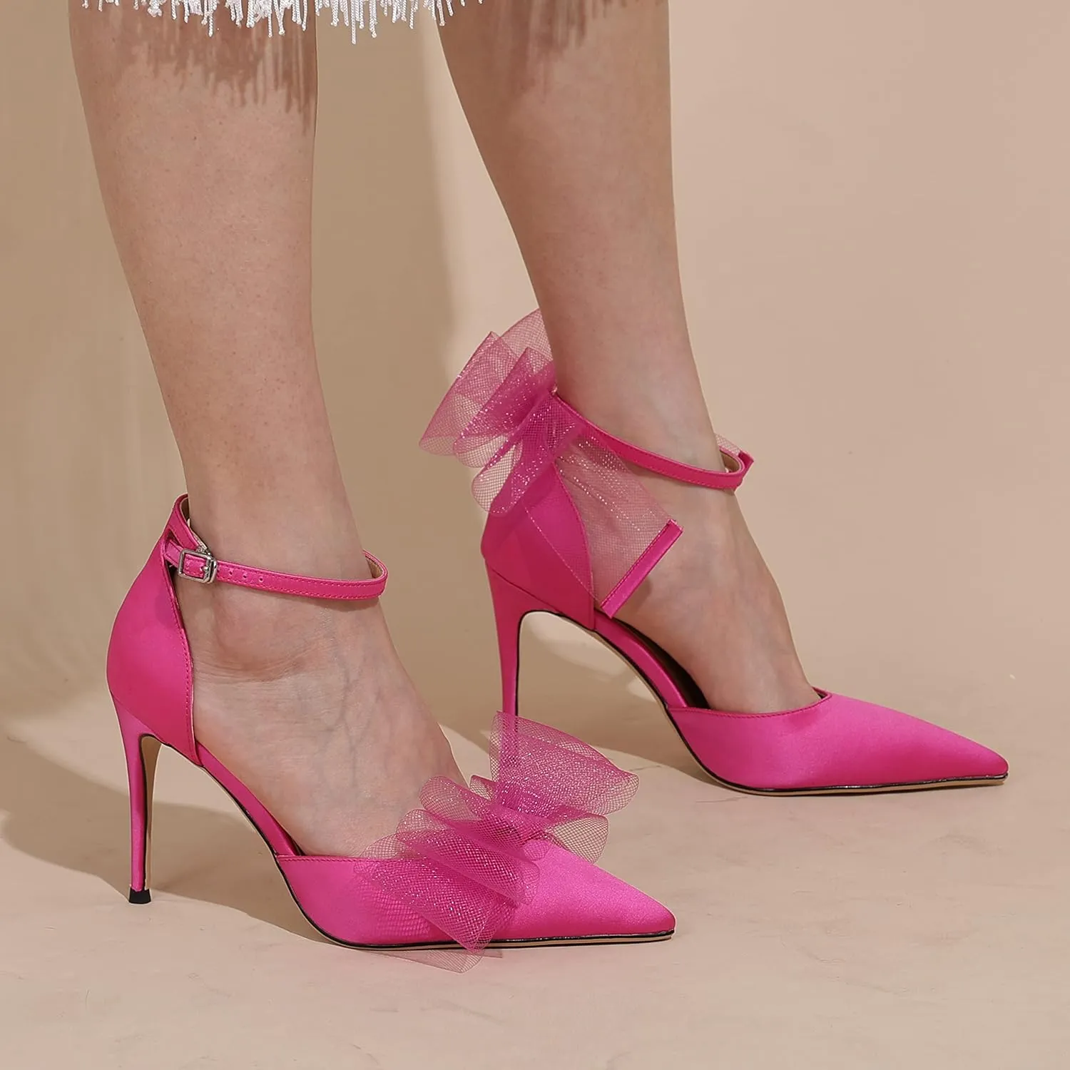 Touslecos Satin Closed Toe Heels for Women Satin Pumps with Bow Pointed Toe Ankle Strap Dress Wedding Satin Heels