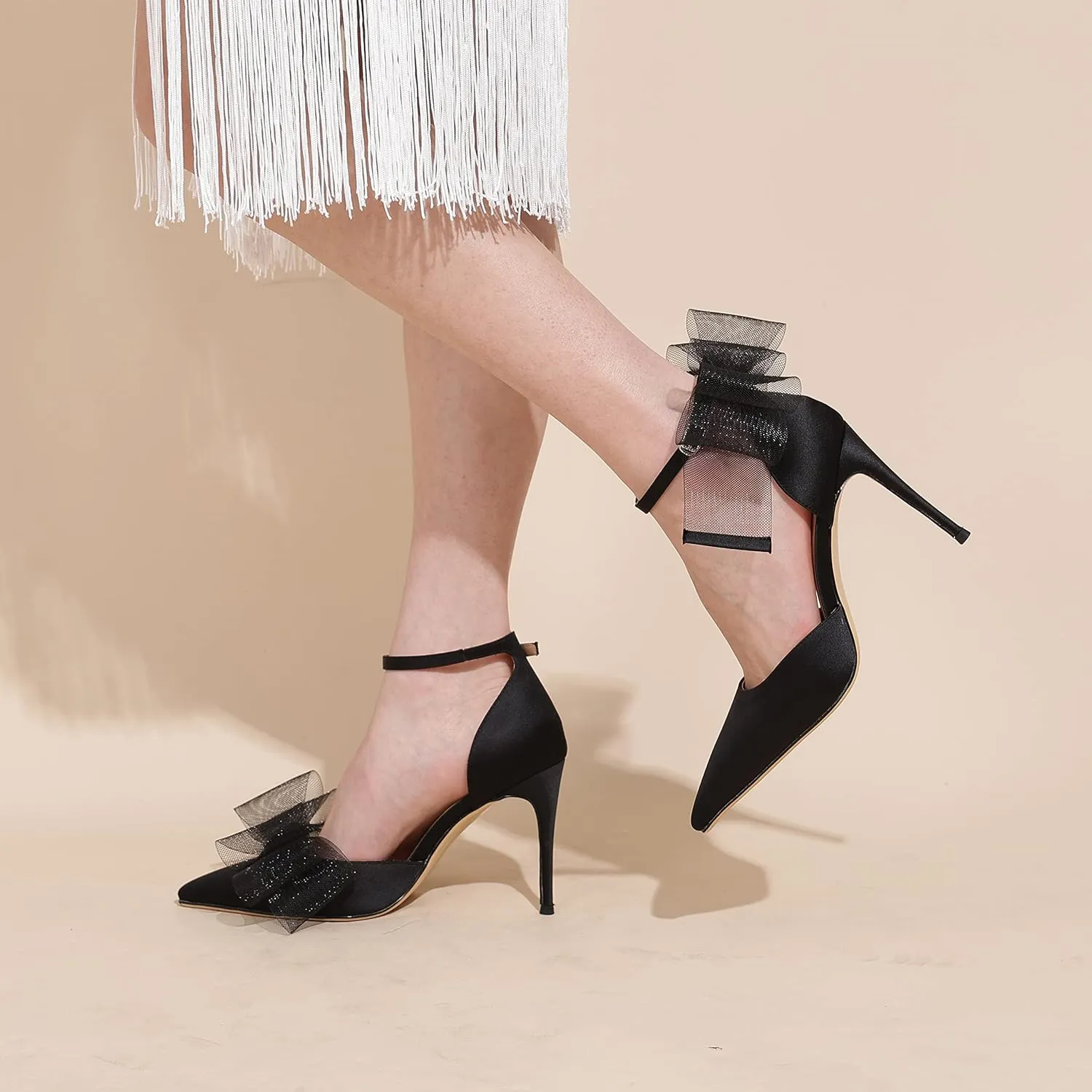 Touslecos Satin Closed Toe Heels for Women Satin Pumps with Bow Pointed Toe Ankle Strap Dress Wedding Satin Heels