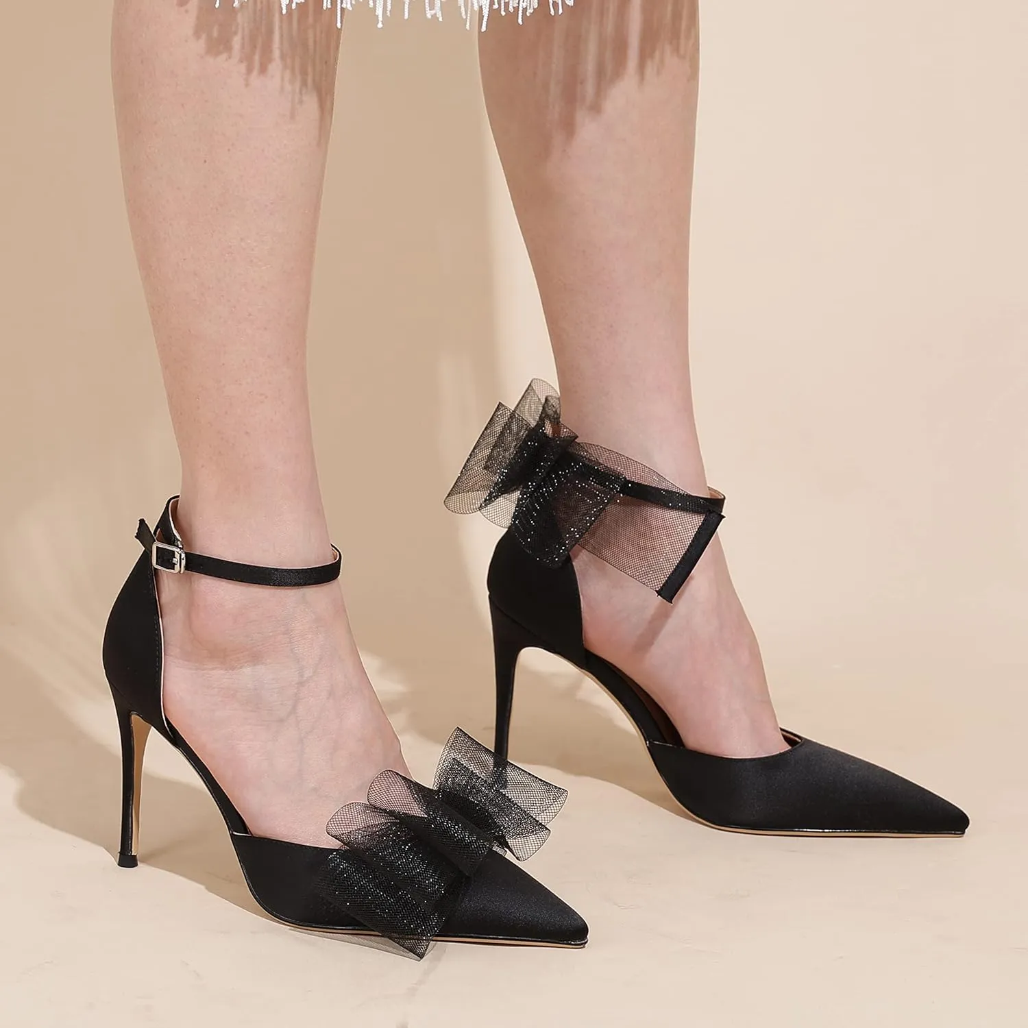 Touslecos Satin Closed Toe Heels for Women Satin Pumps with Bow Pointed Toe Ankle Strap Dress Wedding Satin Heels