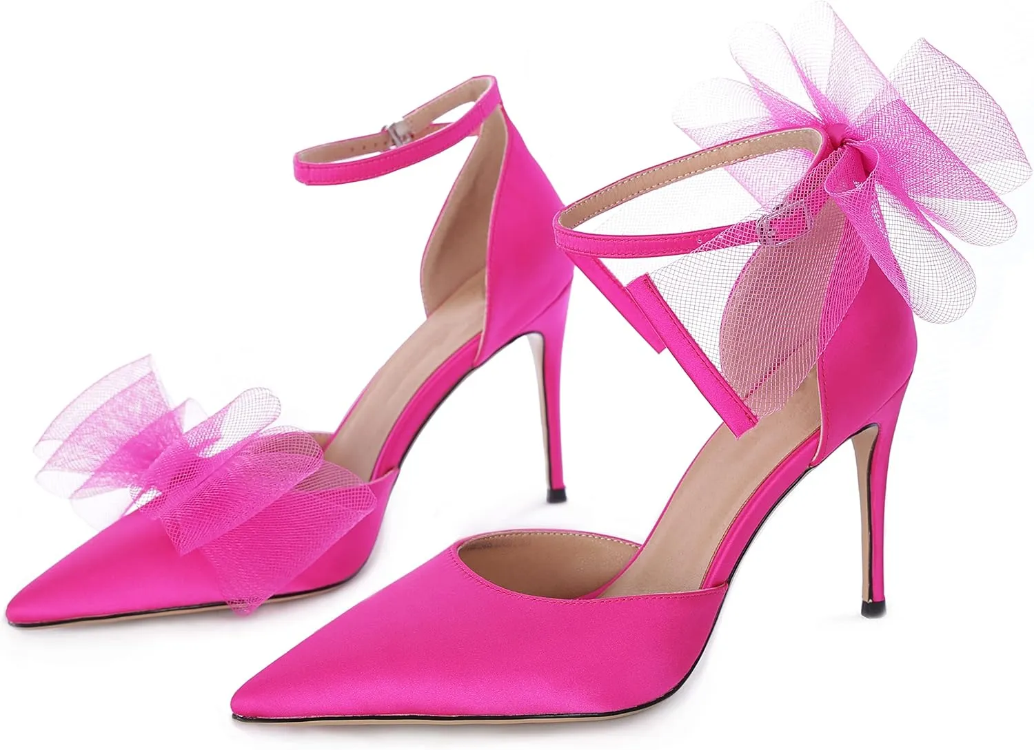 Touslecos Satin Closed Toe Heels for Women Satin Pumps with Bow Pointed Toe Ankle Strap Dress Wedding Satin Heels