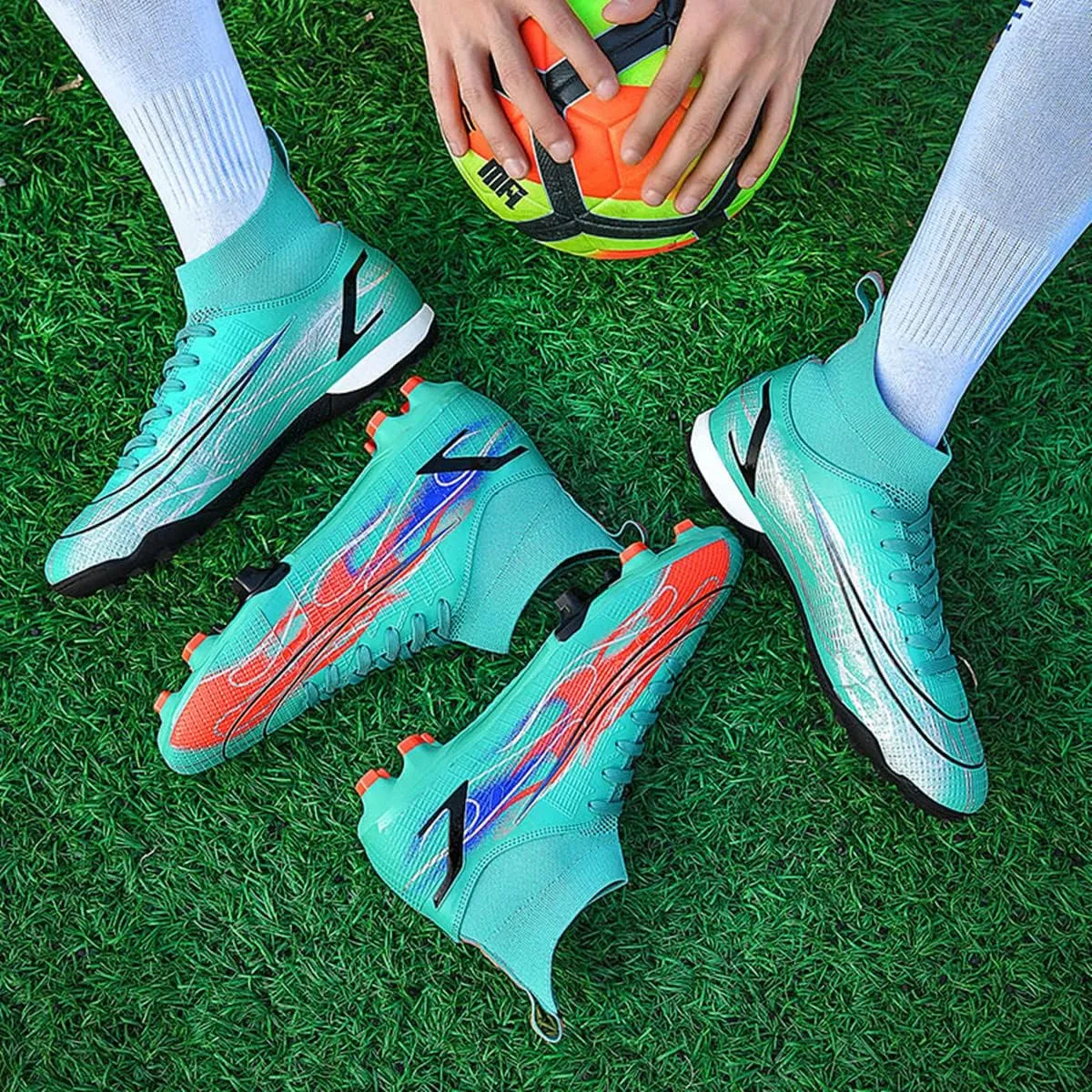 Unisex Football Game Training Soccer Boots High Top Ankle Support Breathable Comfort Spikes For Indoor/Outdoor