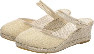 Wedge Sandals for Women Dressy Summer Closed Toe Slip On Espadrilles Slipper Sandals Fashion Fabric Canvas Slippers for Summer and Daily Wear