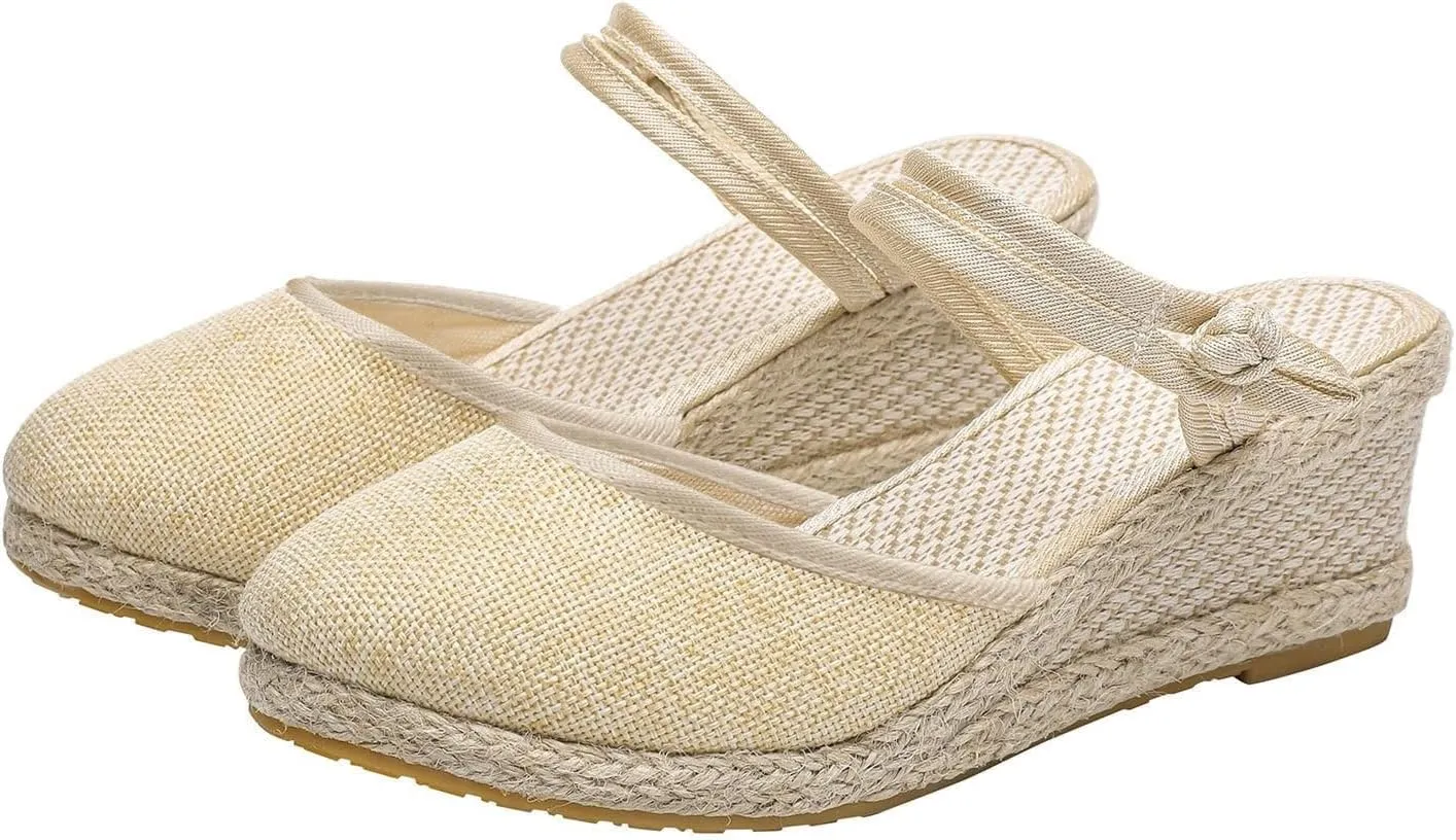 Wedge Sandals for Women Dressy Summer Closed Toe Slip On Espadrilles Slipper Sandals Fashion Fabric Canvas Slippers for Summer and Daily Wear