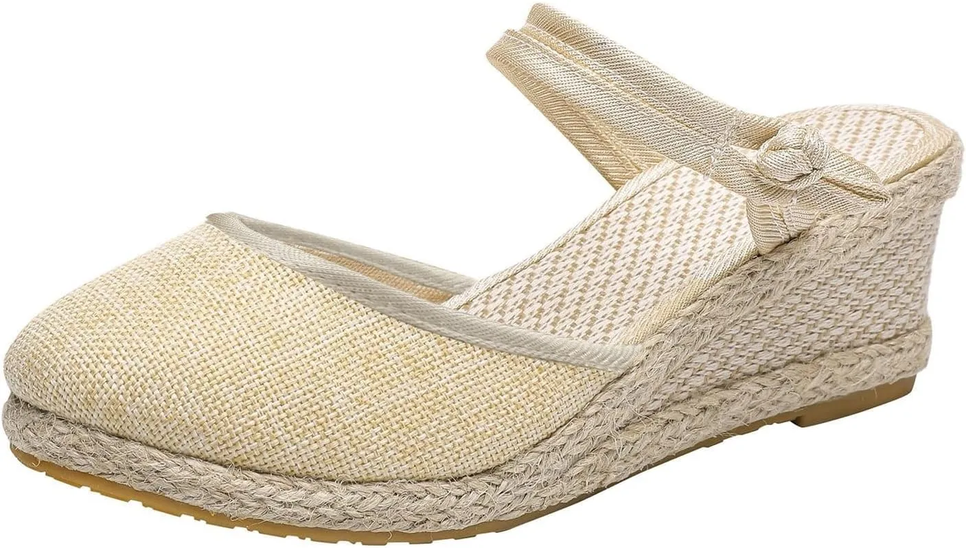 Wedge Sandals for Women Dressy Summer Closed Toe Slip On Espadrilles Slipper Sandals Fashion Fabric Canvas Slippers for Summer and Daily Wear