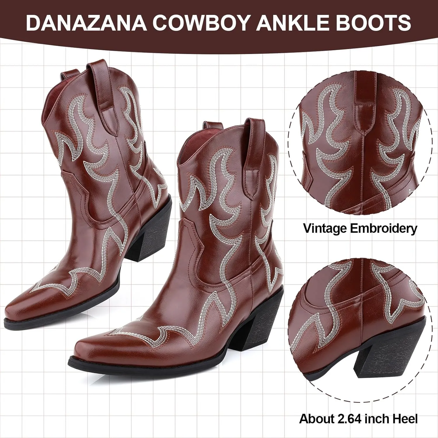 Wide Calf Cowgirl Ankle Boots Women Western Embroidered Ankle Boots Closed Pointed Toe Pull On Cowboy Ankle Booties Lady Retro Country Ankle Boots Size 7-10