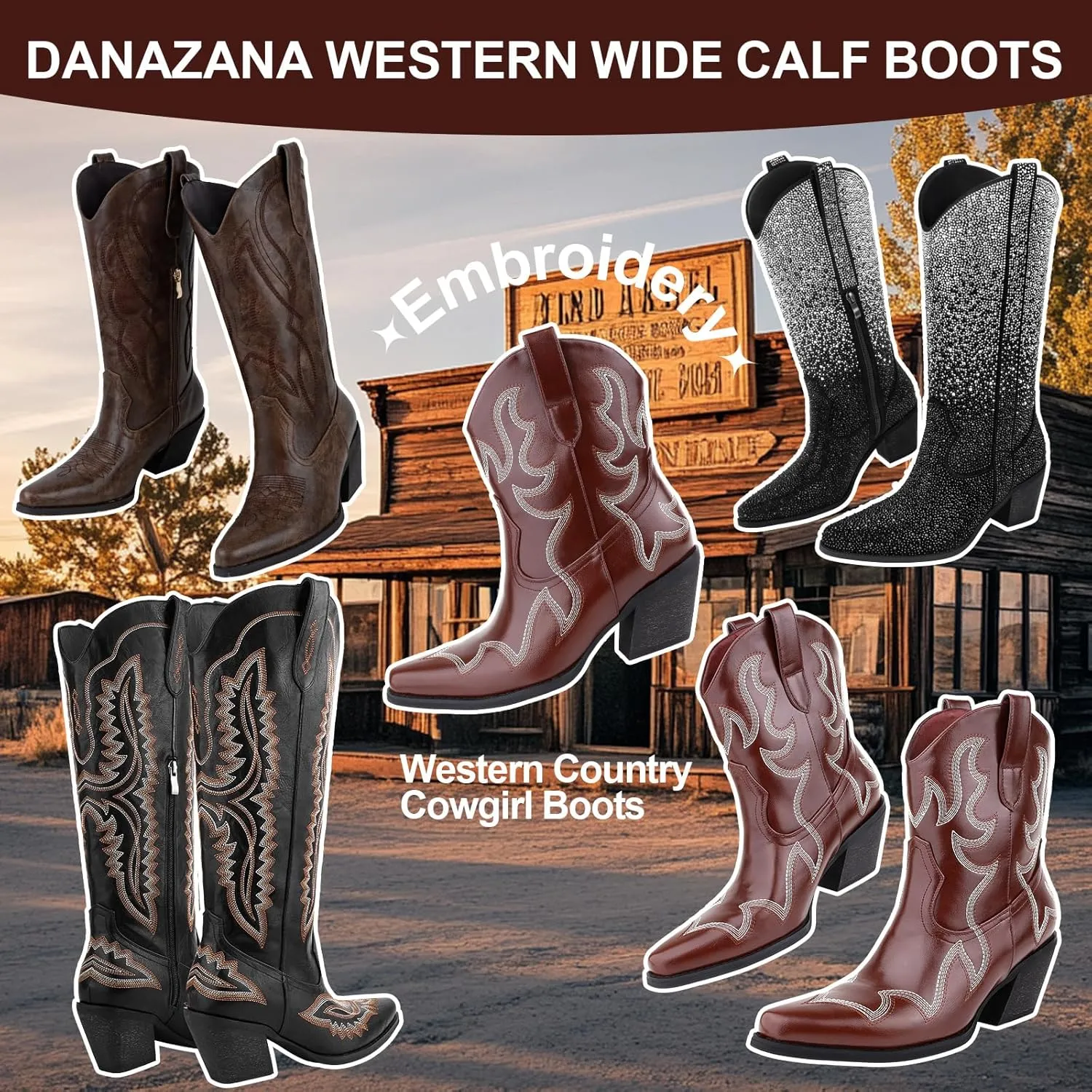 Wide Calf Cowgirl Ankle Boots Women Western Embroidered Ankle Boots Closed Pointed Toe Pull On Cowboy Ankle Booties Lady Retro Country Ankle Boots Size 7-10